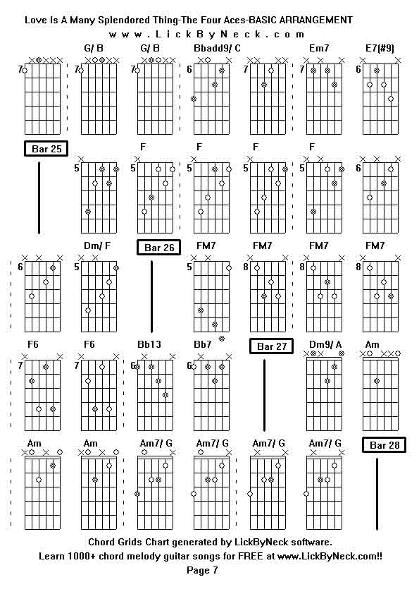 Chord Grids Chart of chord melody fingerstyle guitar song-Love Is A Many Splendored Thing-The Four Aces-BASIC ARRANGEMENT,generated by LickByNeck software.